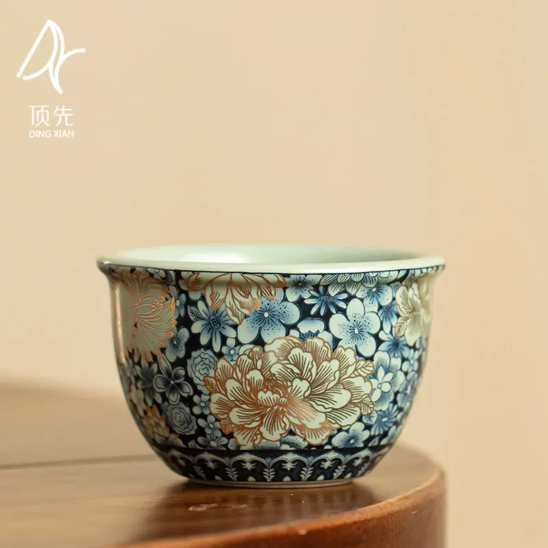Ru Ware "Abundant Blossoms" Master Cup with Gold-Inlaid Peony Design – Contemporary Chinese Gongfu Tea Tasting Cup