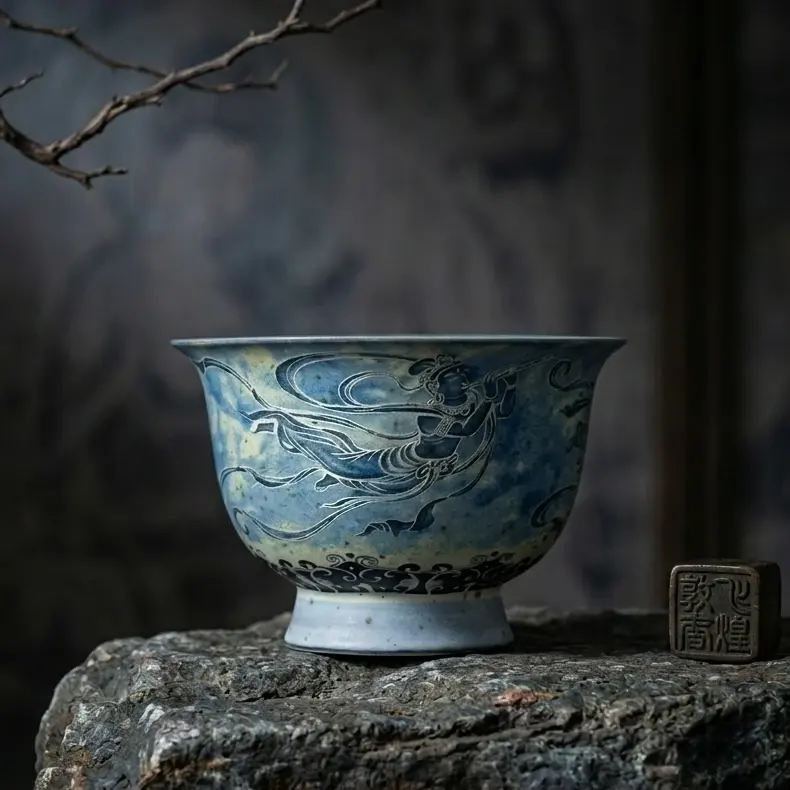 "Flying Apsaras" Dreamscape: Dunhuang-Inspired Glaze Tea Cup — A Chinese-Style Retro Tea Cup with Zen Aesthetics