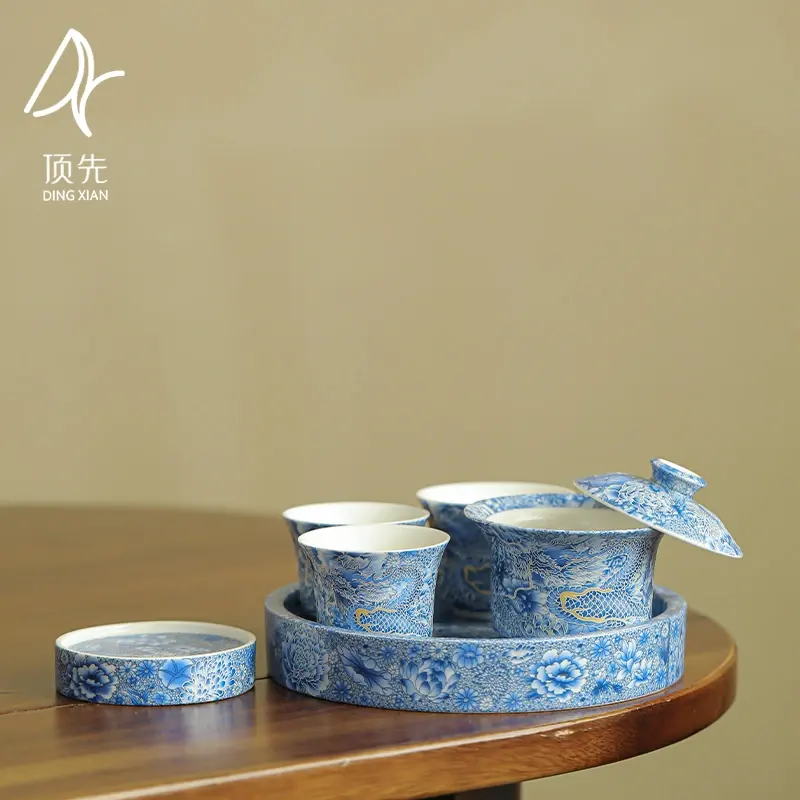 Traditional Silver Filigree "Dragon Hovering Over Horseshoe" *Sancai* Tea Set (Ceramic Teapot & 3 Cups)
