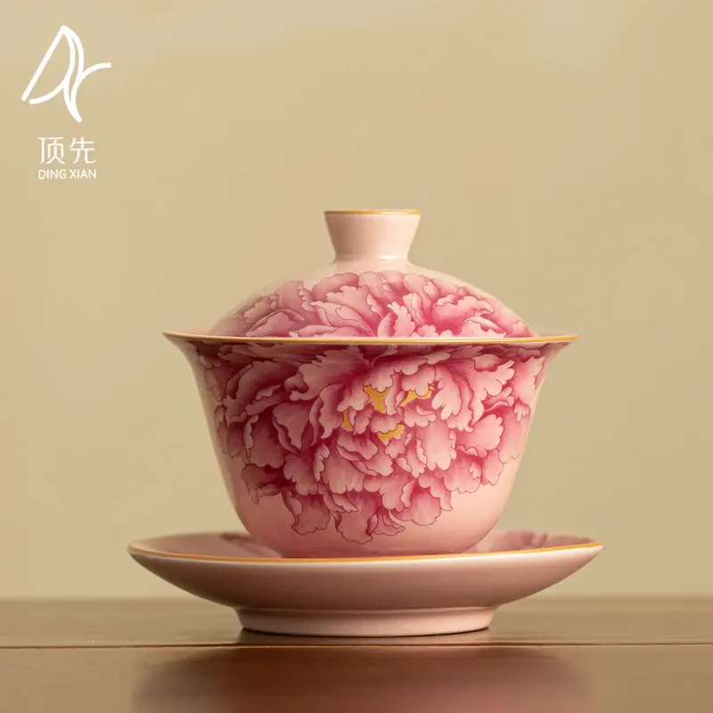 "Peony-Patterned Ru-Ware Gaiwan (Sancai Style) – Contemporary Retro-Style Ceramic Tea-Brewing Bowl for Home Use"