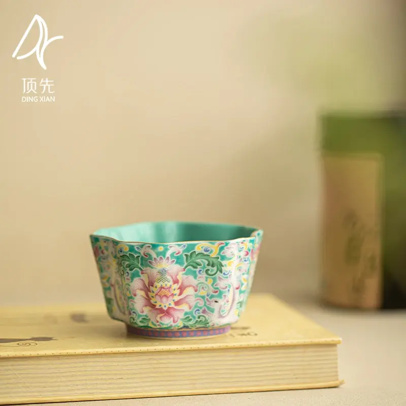 Turquoise Enamel-Painted Cup with Intertwined Lotus Design – Five-Sided Ceramic Tea Cup (Personal Cup)