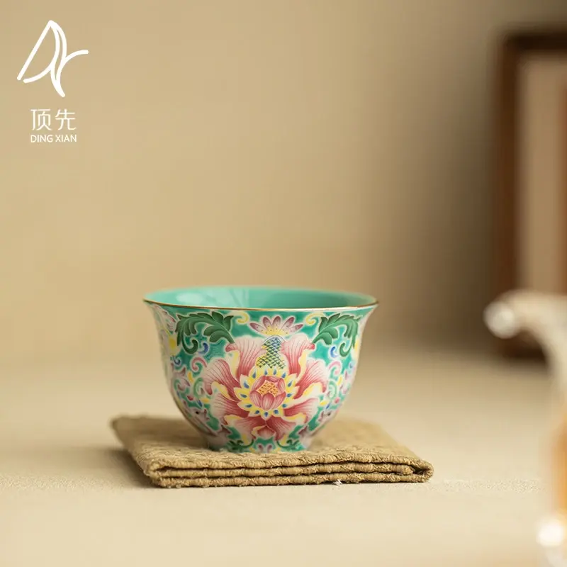 Turquoise Enamel-Painted Intertwining Lotus Ceramic Kung Fu Tea Cup (New Chinese Style)